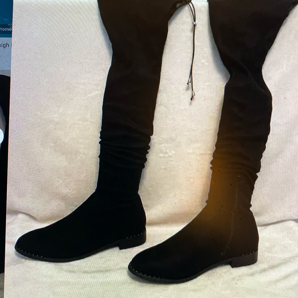 ASOS Design Kaakati Studded Thigh High Boots in Black Faux Suede